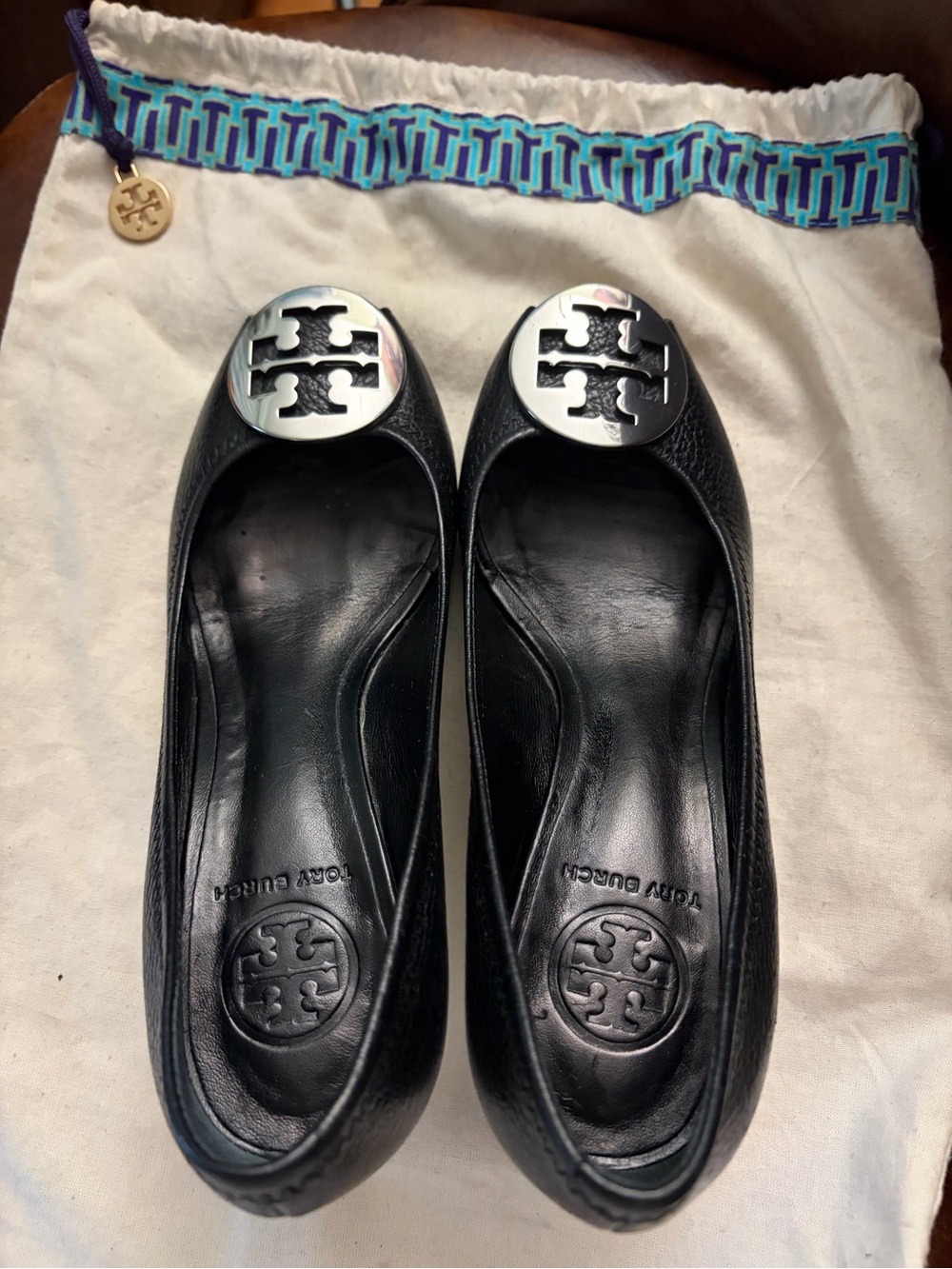 Tory Burch Black Leather Logo Ballet Flats with Silver Emblem